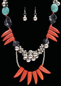 (3DB-NE4062OR) Western Turquoise and Orange Necklace with Matching Earrings