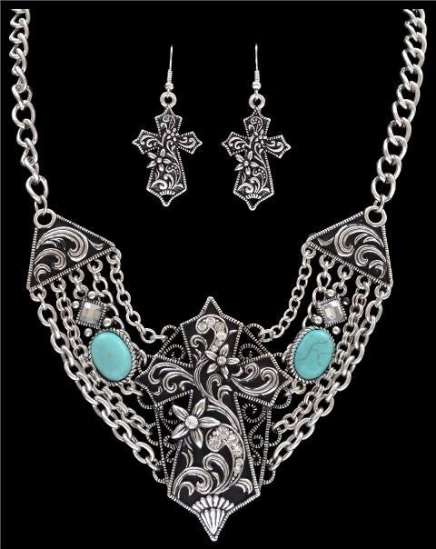 (3DB-NE4334) Western Turquoise & Silver Floral Cross Necklace and Earrings