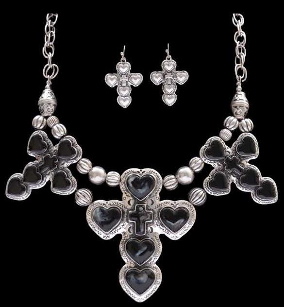 (3DB-NE7079SBBK) Western Triple Heart & Cross Silver/Black Necklace with Matching Earrings