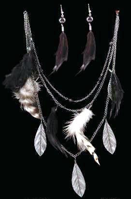 (3DB-NE7110B) Western Antique Silver Leaf and Feather Necklace with Matching Earrings