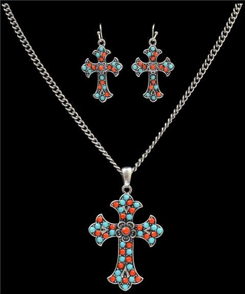 (3DB-NE7120TQRD) Silver Strike Turquoise & Cobalt Cross Jewelry Set