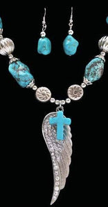 (3DB-NE735) Western Turquoise & Silver Wing and Cross Necklace & Earrings