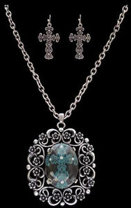 (3DB-NE8327SBPT) Western Blue Cross Necklace with Matching Cross Earrings