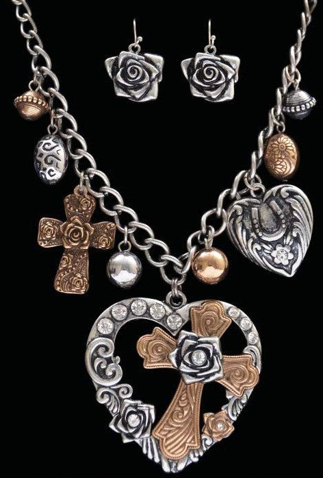 (3DB-NE8823SBGB) Western Silver & Gold Heart & Cross Necklace with Charms and Matching Floral Earrings