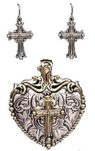 (3DB-PE1027AG) Western Antique Silver & Gold Heart and Cross Pendant & Earrings