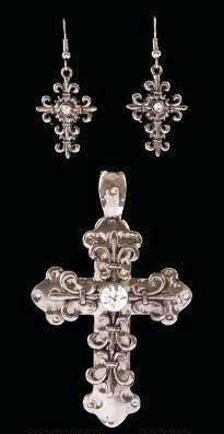 (3DB-PE7013R) Western Antique Silver Cross Pendant with Clear Center Stone and Matching Earrings