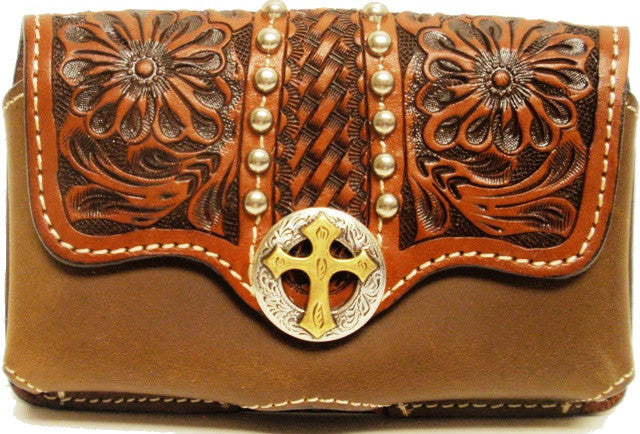 (3DB-PH621) Western Tan Tooled Cell Phone Holde with Cross Concho for iPhone 4 and Blackberry