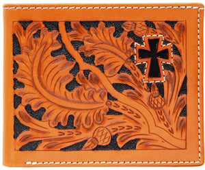 (3DB-W447) Western Natural Tooled Bi-Fold Wallet with Hair-On Cross Inlay