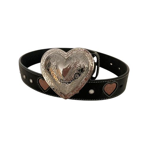 Ladies' Black Leather Belt with In-Lay Pink Hearts - 1
