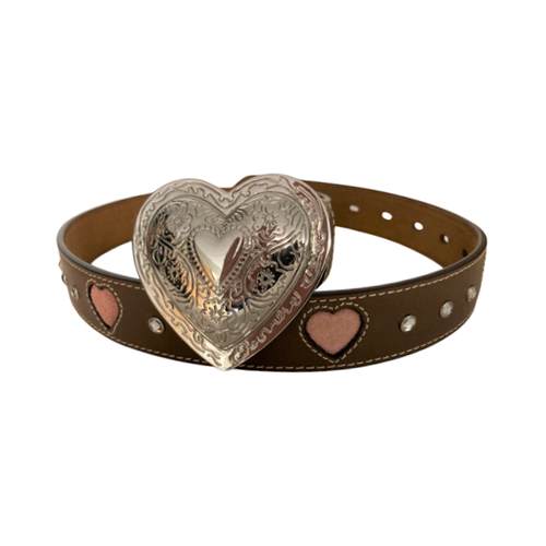 Ladies' Brown Leather Belt with In-Lay Pink Hearts - 1
