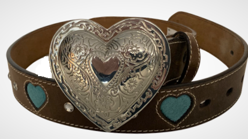 Ladies' Brown Leather Belt with In-Lay Blue Hearts - 1