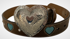 Ladies' Brown Leather Belt with In-Lay Blue Hearts - 1" Wide