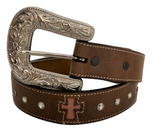 Ladies' Brown Leather Belt with In-Lay Pink Crosses - 1" Wide