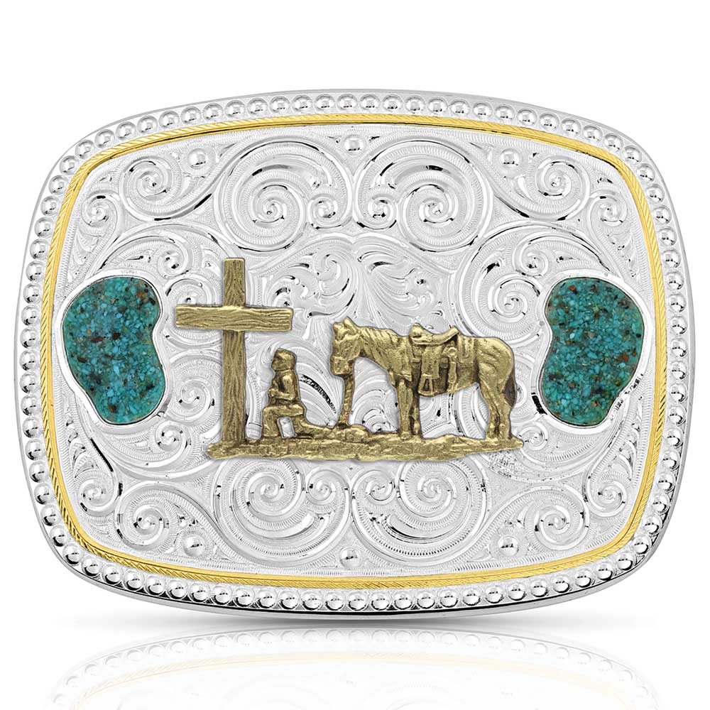 Winding Country Roads Christian Cowboy Turquoise Belt Buckle - Made in the USA