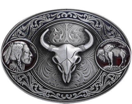 Cow Skull Metal Belt Buckle with Buffalo and Indian Head - Red