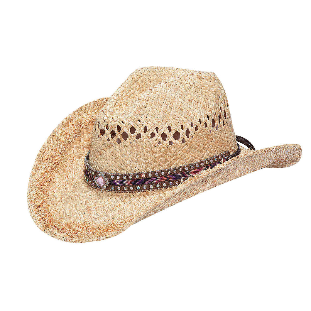 Raffia Straw Hat with Chevron Ribbon Hatband - Medium