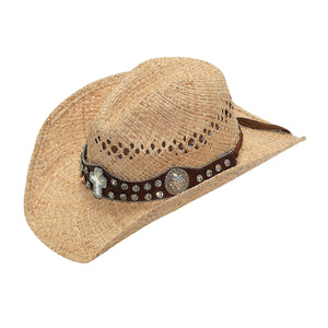 Raffia Straw Hat with  Rhinestones and Cross Hatband