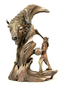 "Native American & Buffalo" Wood Looking Figurine