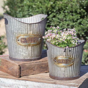 Set of Two Corrugated Metal Tapered Garden Pails