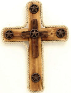 Wooden Wall Cross with Rope Border and Star Conchos