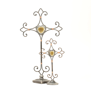 Metal Cross with Stand and Amber Heart - 2 Piece Set