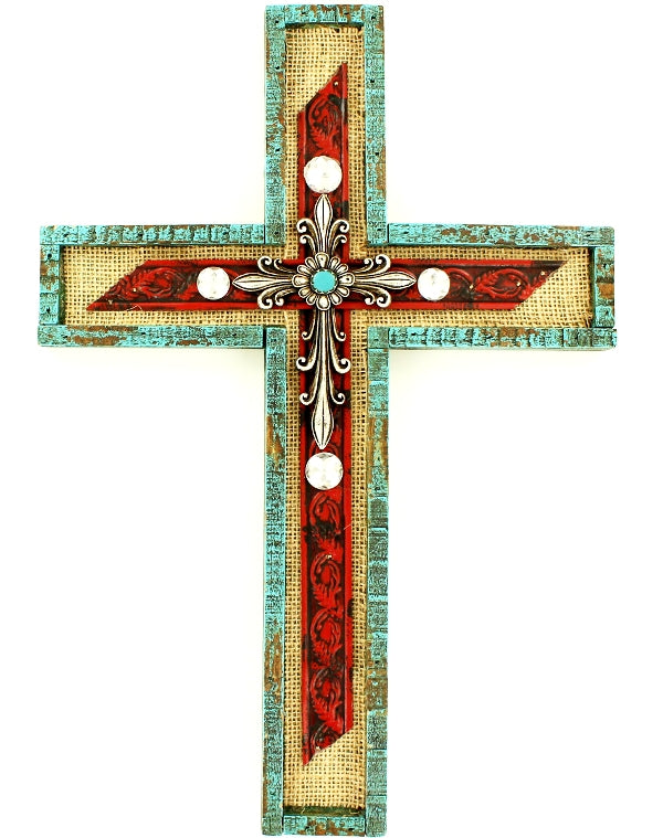 Burlap Wall Cross with Red, Turquoise and Stones