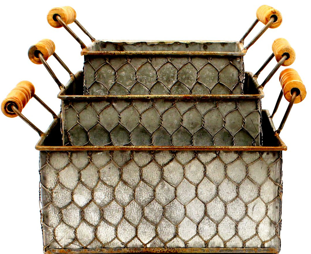 Metal & Chicken Wire 3-Piece Basket Set