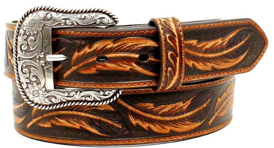 Men's Brown & Black Leaf Patterned Leather Belt