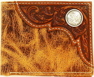Western Distressed Tan Bi-Fold Wallet with Round Silver Concho