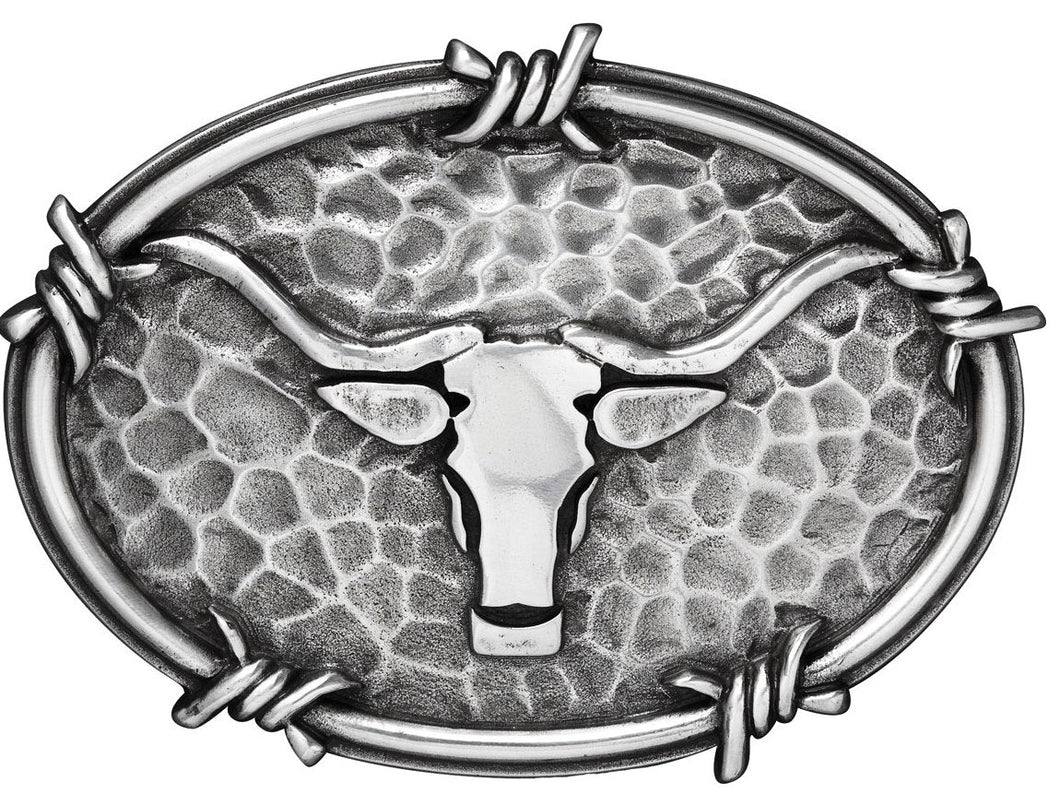Western Hammered Silver Longhorn Belt Buckle with Barbwire