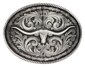 Longhorn Belt Buckle with Roped Edge & Barbwire