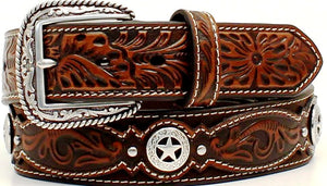 Men's Brown Tooled Leather Belt with Texas Star Conchos  - 1-1/2" Wide