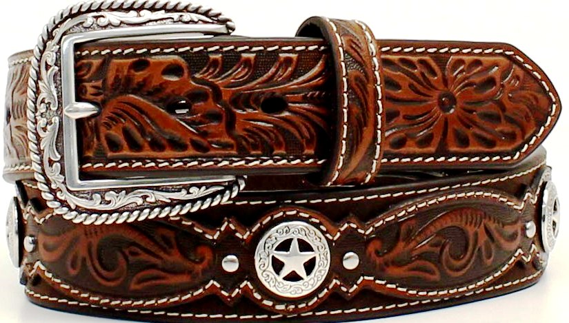 Men's Brown Tooled Leather Belt with Texas Star Conchos  - 1-1/2