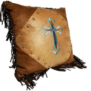 "Turquoise Cross" Western Faux-Leather Accent Pillow
