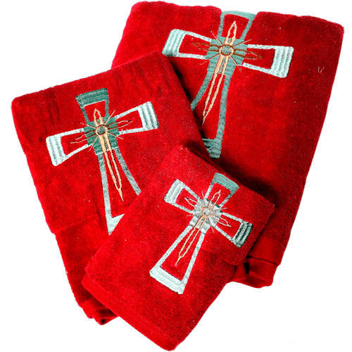 Western 3-Piece Cross Bath Towel Set - Available in Red or Turquoise