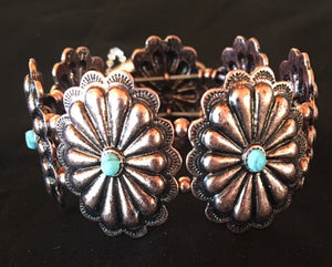 Western Copper Floral Stretch Bracelet with Turquoise Stones