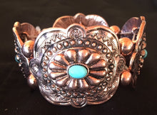 Load image into Gallery viewer, Western Copper Aztec Stretch Bracelet with Turquoise Stones