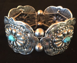 Western Silver Aztec Stretch Bracelet with Turquoise Stones