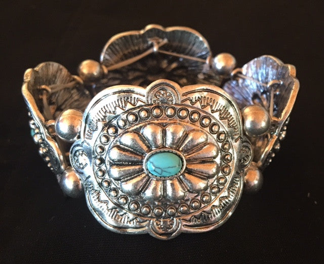 Western Silver Aztec Stretch Bracelet with Turquoise Stones