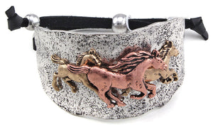 Tricolor Running horses on Hammered Silver Adjustable Bracelet