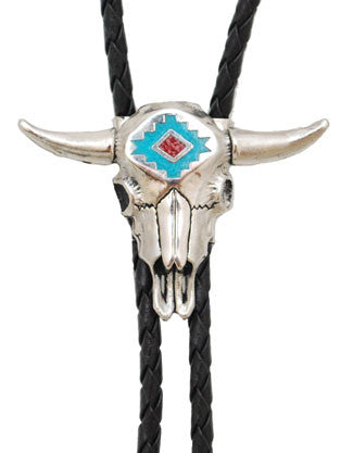 Steerhead Bolo Tie with Turquoise and Coral Inlay (Made in the USA)