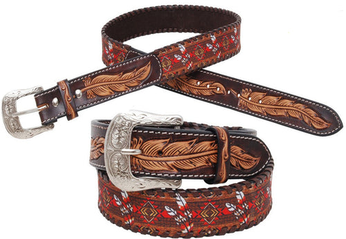 Men's Western Belt with Feathers, Brown Leather and Printed Cloth