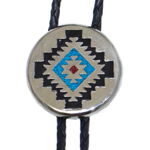 Aztec Bolo Round Tie with Turquoise & Coral Inlay - Made in the USA