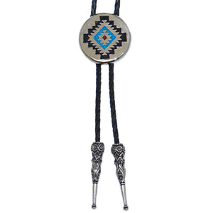 Aztec Bolo Round Tie with Turquoise & Coral Inlay - Made in the USA