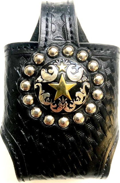 Cell Phone (Flip Phone) Holder - Black Basketweave with Double Star Concho