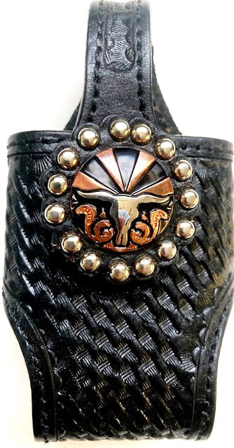 Cell Phone (Flip Phone) Holder - Black Basketweave with Rising Longhorn Concho