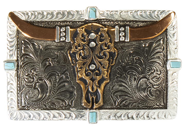 Longhorn Skull Rectangular Buckle with Turquoise