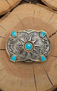 Western Rowel Silver & Gold Belt Buckle with Turquoise Stones
