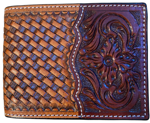 Western Genuine Leather Longhorn Bifold Wallet For Men - Basketweave Design, Coffee Brown, 13 Card Slots - View #6
