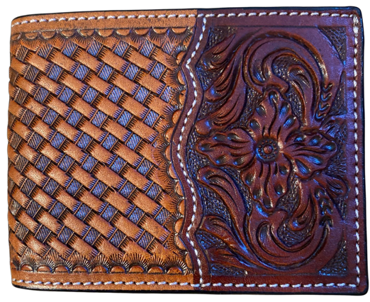 Western Tan Tooled & Basketweave Leather Bi-Fold Wallet